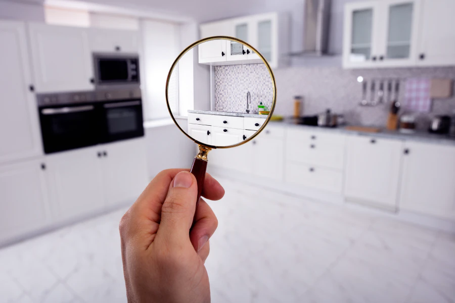 home inspector holding a magnifying glass in front of a houses kitchen cape coral fl